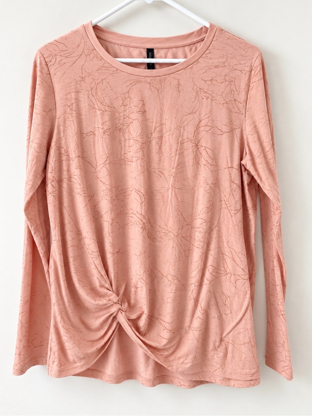 Massini L Blush Pink Metallic Floral Twist Front Long Sleeve Top
